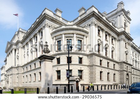 Her Majesty's Treasury Building, Government Offices Great George Street, Westminster, London, England, UK on a sunny day Royalty-Free Stock Photo #29036575