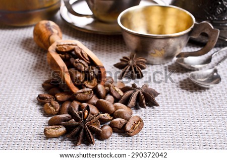 Coffee beans and star anise on the sacking
