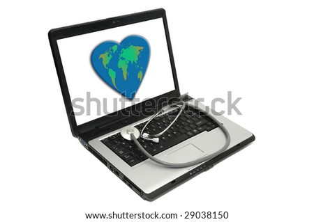 Laptop with stethoscope and a heart shaped earth on screen