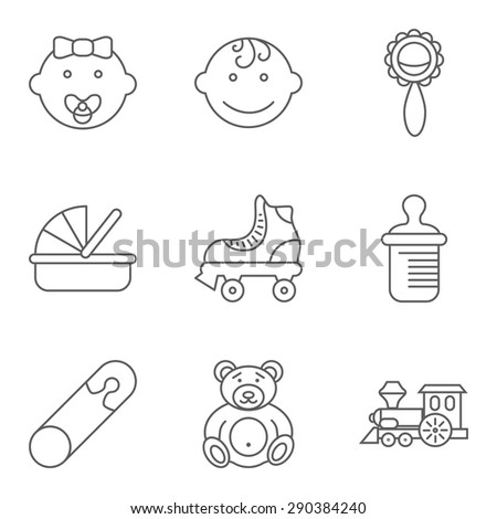 Baby related flat vector icon set for web and mobile applications. Set includes - boy, girl, rattle, crib, roller skate, feeding bottle, pin, bear, train. Logo, pictogram, icon, infographic element.