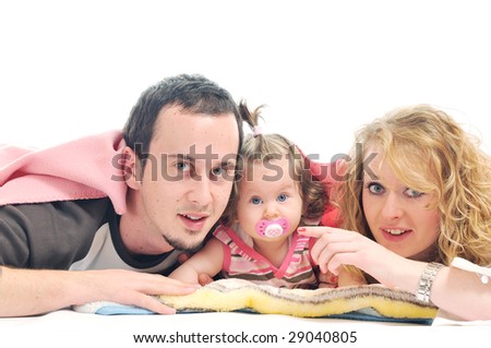 young happy family with beautiful baby playing and smile  isolated on white