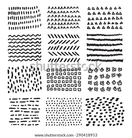 Vector  monochrome doodle set of hand drawn  ink texture. Grunge seamless  pattern for abstract design  of flyer, poster, banner, postcard, business card, invitation.  EPS 10