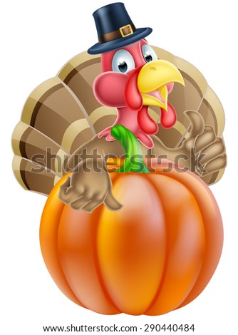Cartoon thanksgiving turkey chef giving a thumbs up and wearing pilgrim hat behind a pumpkin