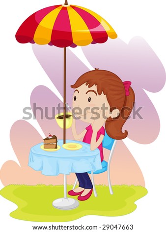 an illustration of a girl sitting having some afternoon tea