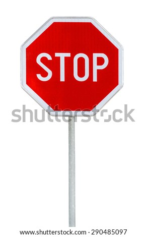 Red realistic stop road sign on rod isolated on white