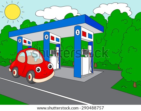 Funny cartoon car near the petrol station. Vector illustration