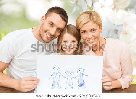 people, happiness, adoption and childhood concept - happy family with drawing or picture over green cherry blossom background