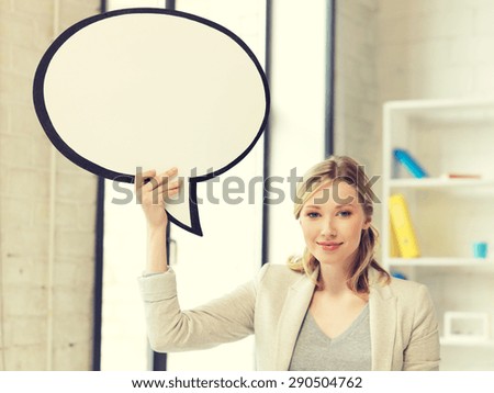 bright picture of smiling businesswoman with blank text bubble