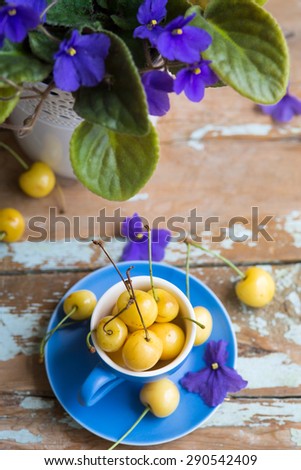 Blue tea cup full with yellow juicy cherries with a good morning note card on a wooden table with violets