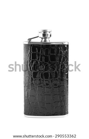 Black leather hip flask isolated over white