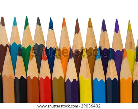 Assortment of colored pencils on white background