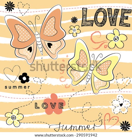 Striped Background Beautiful Butterfly Love Script Hand drawn Flower Floral Happy Summer Vector Illustration