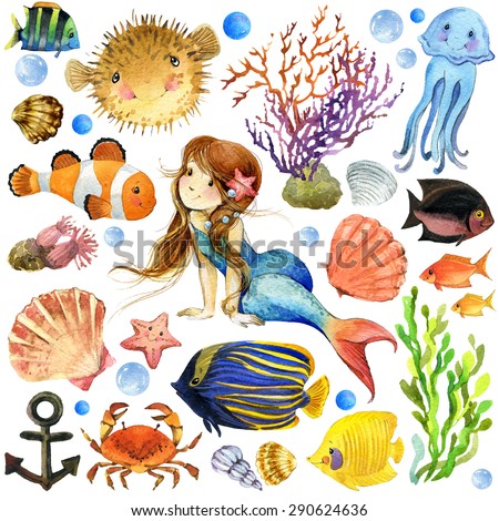exotic Fish, coral reef, algae, unusual sea fauna, sea shells, anemones and decoration marine theme. underwater world set. watercolor illustration for children