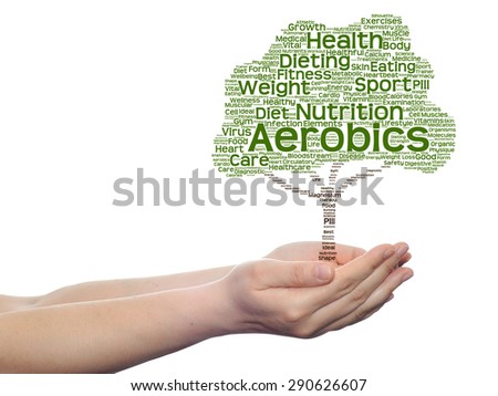 Concept or conceptual green text word cloud or tagcloud as tree in man or woman hand isolated on white background, metaphor to health, nutrition, diet, body, energy, medical, sport, heart or science