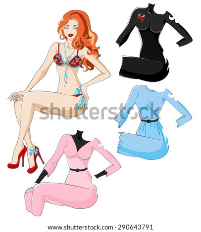 Redhead girl doll with a set of clothes dresses and suits. Vector illustration