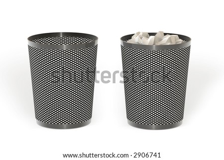 Empty and full trash isolated over a white background. This is a 3D rendered picture.