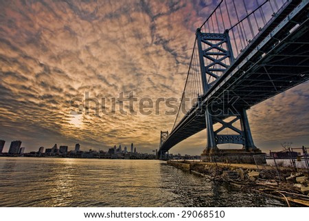 The bridge leading to Philadelphia with a beautiful sunset