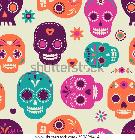 colorful skull cute pattern, Mexican day of the dead