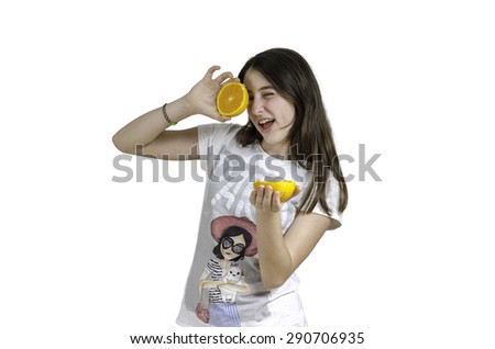 Girl with oranges in her eyes white background, teenager.