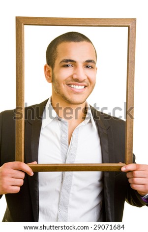 Business man looking through an empty frame