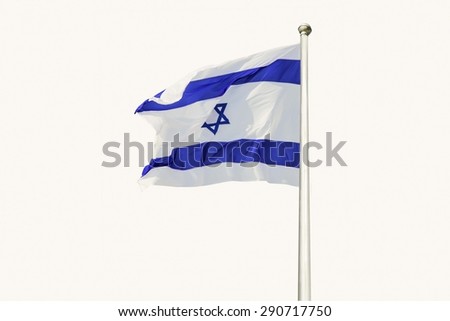 An Israel flag flapping in the wind isolated on white background.
The flag is in white and blue colors with the star of David.
The flag is posted on a pole high in the sky.