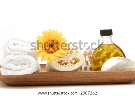 Spa objects in wooden tray