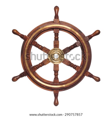 Old ship vintage, wooden steering wheel isolated on white background