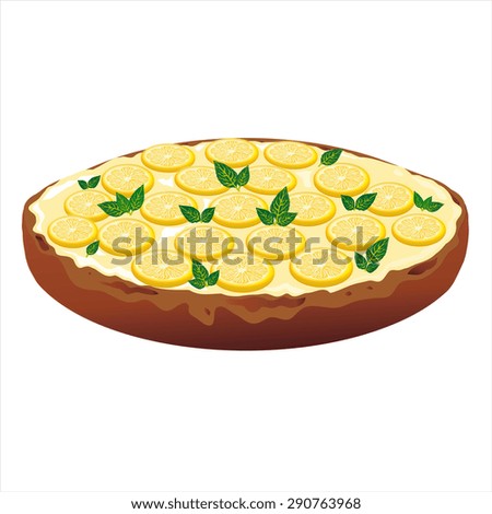 cake with cream and decorated with lemon mint leaves, isolated on white background 
