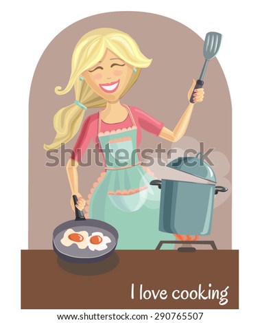 Vector illustration of a happy beautiful woman cooking tasty dinner on the kitchen. Cute smiling girl with long blonde hair, pots and pans. I love cooking inscription. 