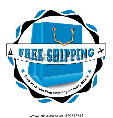Free shipping blue sticker / label. Free delivery blue sticker / label vector illustration for print. Contains a big gift / present bag. Print colors used.