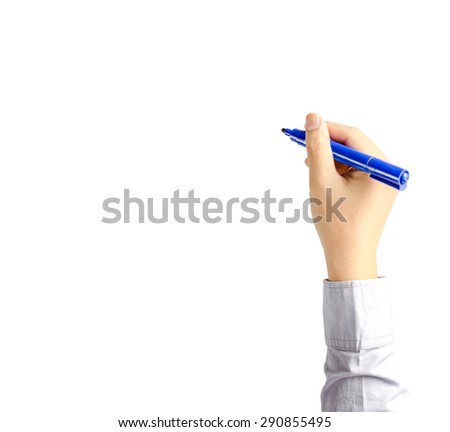 Right hand of young business man writing with blue pen maker isolate on white background with clipping path