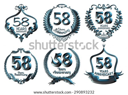 58 years Anniversary celebration badges set isolated 3d illustration.