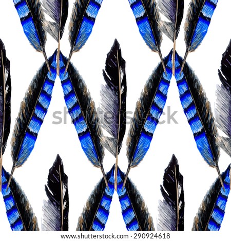 Watercolor Striped Feather seamless vintage pattern on white background. Watercolor texture. Cloth & rug design. Black, Blue and White vector backdrop. Boho style.