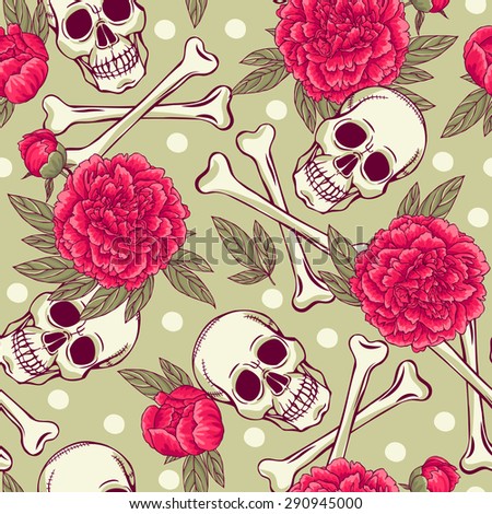 seamless pattern with skull and peonies.