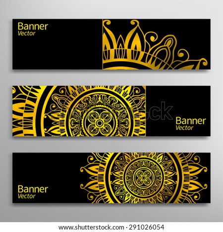 Graphic trendy banners set. Abstract geometric header vector background, doodle card with place for your text. Gold and black