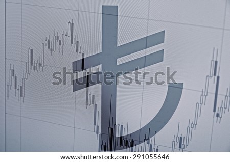 Turkish lira sign on a PC screen. Stock chart as background.