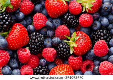 Picture of various fresh berries: raspberry, blackberry, blueberry and strawberry
