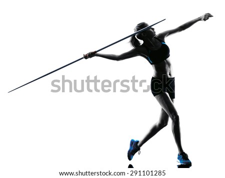 one  caucasian woman Javelin thrower in silhouette isolated white background Royalty-Free Stock Photo #291101285