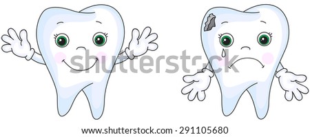Healthy tooth smiling. Sick tooth crying. Sick tooth has caries hole. Vector cartoon illustration