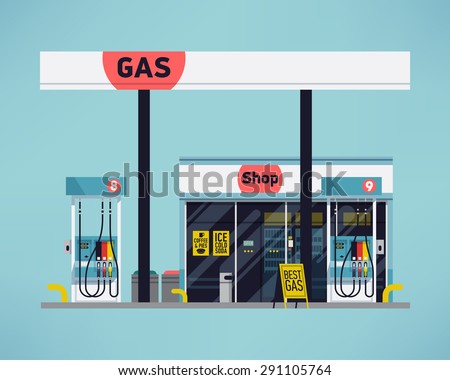 Cool detailed vector modern flat design gas filling station. Transport related service building  Gasoline and oil station with shop Royalty-Free Stock Photo #291105764