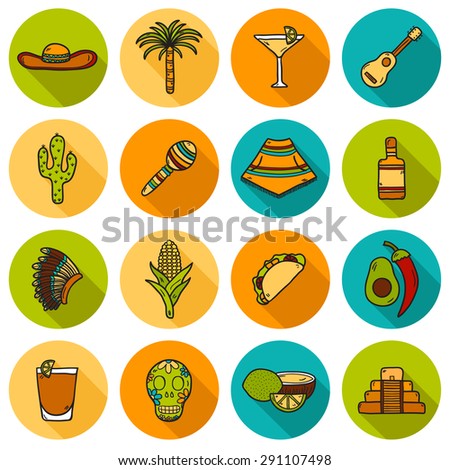 Set of cute hand drawn shadow icons on Mexico theme: sombrero, poncho, tequila, coctails, taco, skull, guitar, pyramid, avocado, lemon, chilli pepper, cactus, injun hat, palm. Isolated national