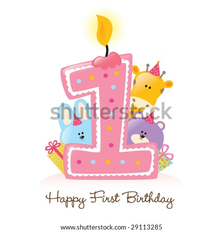 Happy First Birthday Candle and Animals Isolated on white