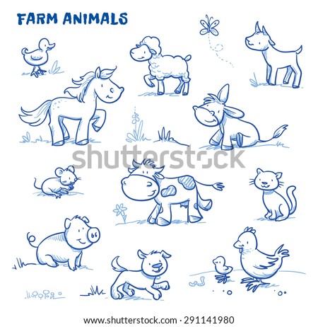 Cute cartoon farm animals. duck, horse, sheep, goat, donkey, cow, mouse, pig, dog, cat, chick. Hand drawn doodle vector illustration.