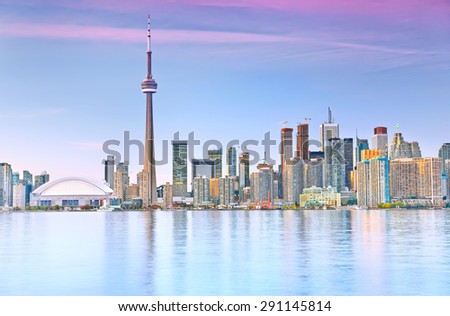 The reflection of Toronto skyline at dusk in Ontario, Canada