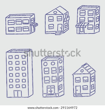 Illustration of hand drawn buildings. Imitation of ball pen drawing. Isolated buildings. Isometric hand drawn doodle houses. 