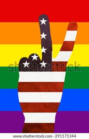 Amazing victory fingers american and gay pride flag.