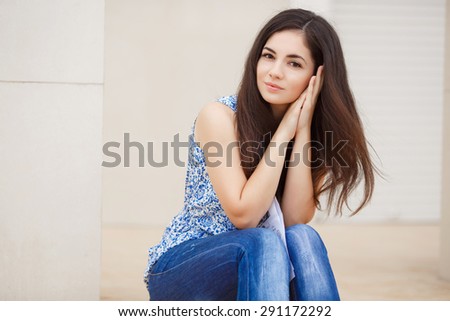 Beautiful young woman smiling outdoors portrait. Happy cheerful girl in summer, pretty female smiling. Young girl outdoors portrait. Beautiful brunette woman outdoor. Instagram style filters