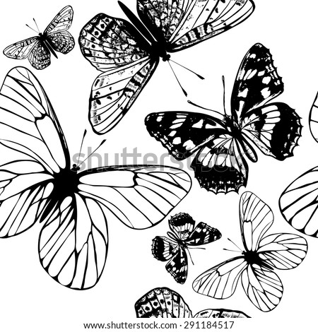 Butterfly seamless wallpaper pattern with engraved butterflies