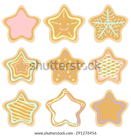 Set of decorated Christmas star gingerbread cookies on white background.