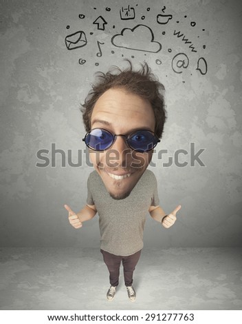 Funny guy with big head and drawn social media marks over it
